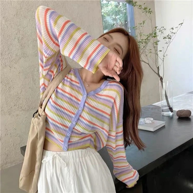 Retro V-Neck Striped Cardigan Sweater