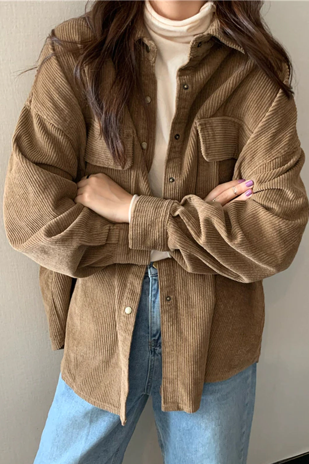 Long Sleeve Pockets Corduroy Loose Shirt