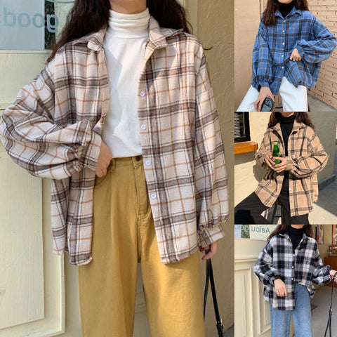 Loose Long Sleeve Button Plaid Blouse Shirt