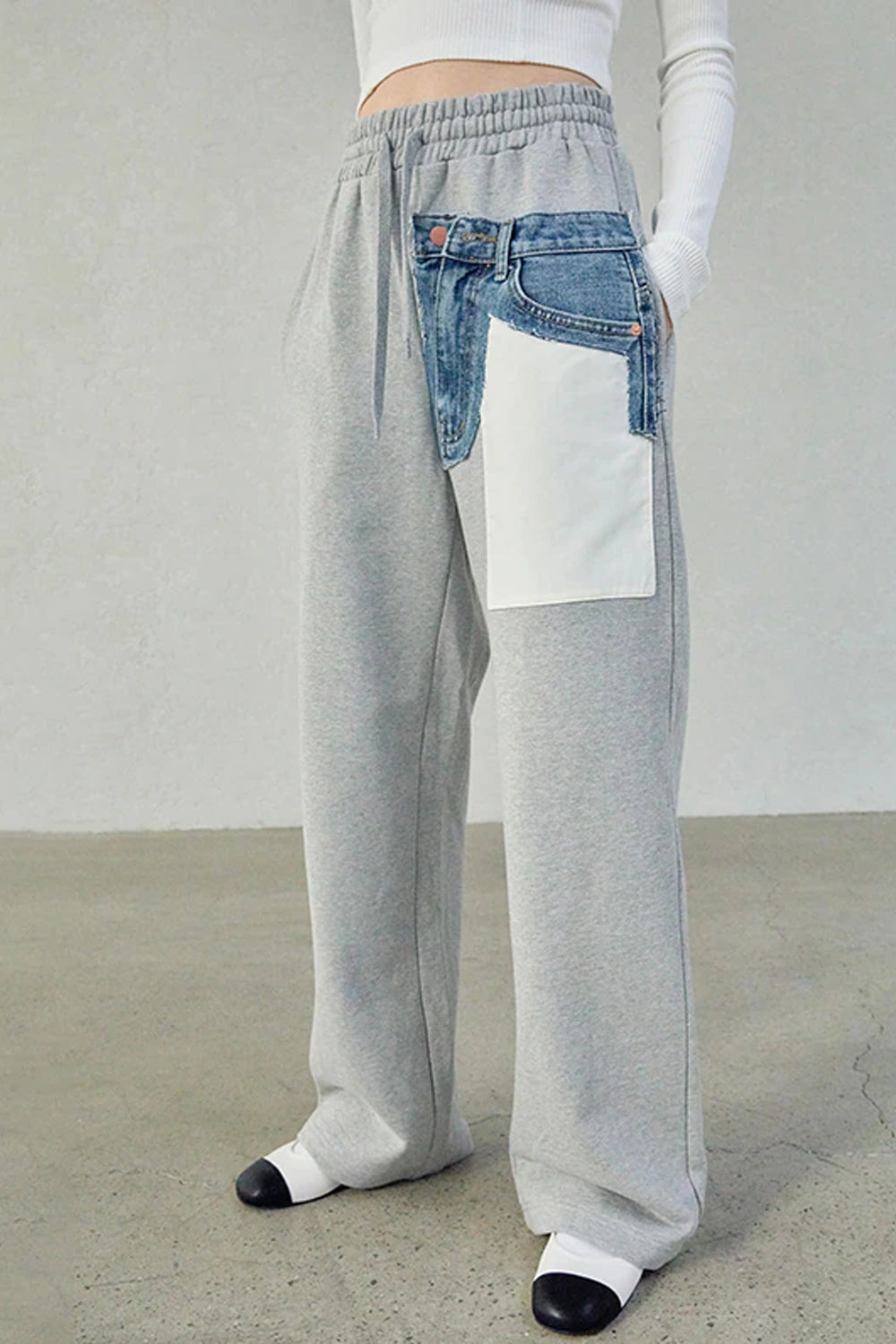 High Waist Denim Pocket Patchwork Loose Pants