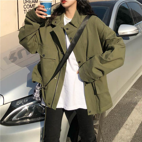 Loose Stand Collar Cargo Windbreaker Jacket