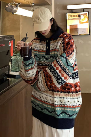 Long Sleeve Classic Art Pattern Collar Sweater