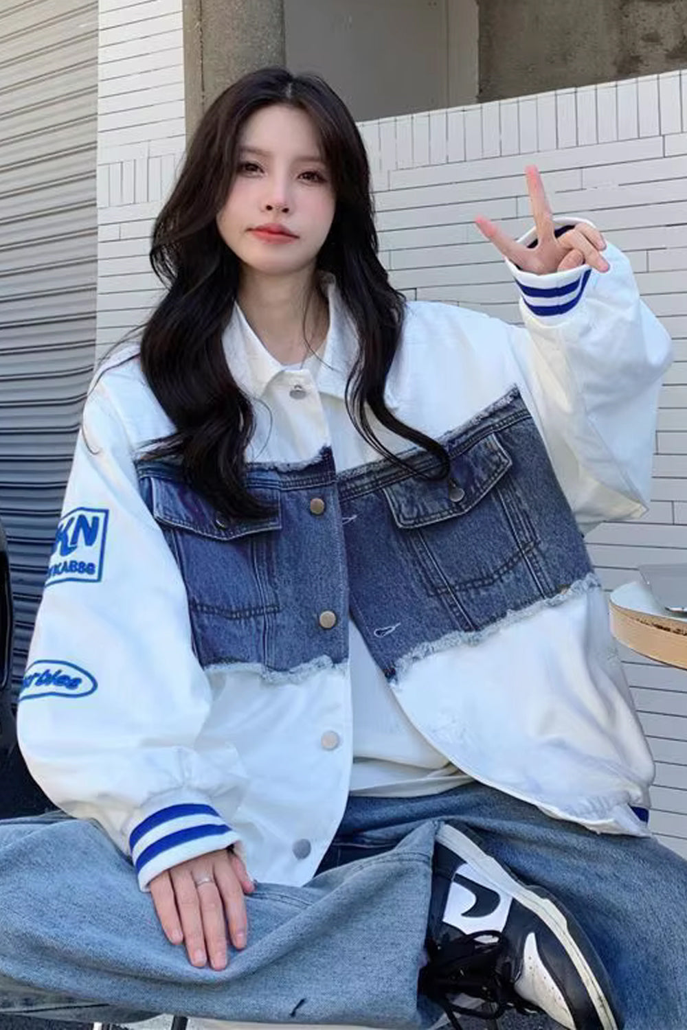 Long Sleeve Denim Patchwork Embroidered Baseball Jacket