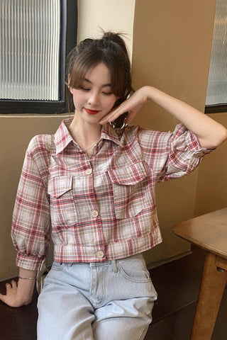 Three Quarter Sleeve Plaid Blouse Crop Top