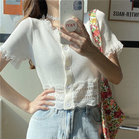 Sweet Ruffle Lace Cropped Slim Shirt