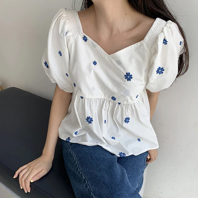 Loose Puff Sleeve V-Neck Floral Blouse Shirt