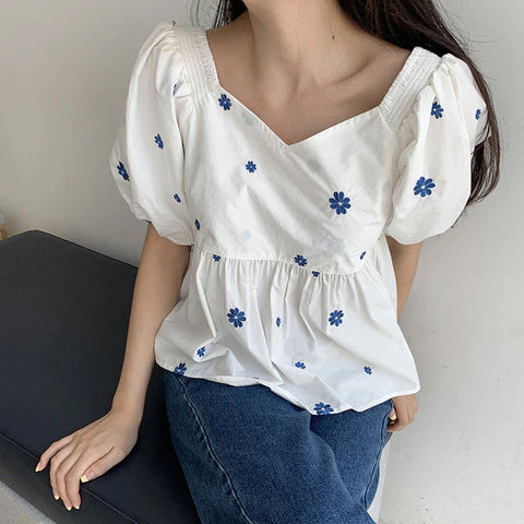 Loose Puff Sleeve V-Neck Floral Blouse Shirt
