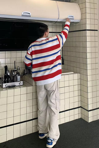 Long Sleeve Turn Down Collar Striped Sweater