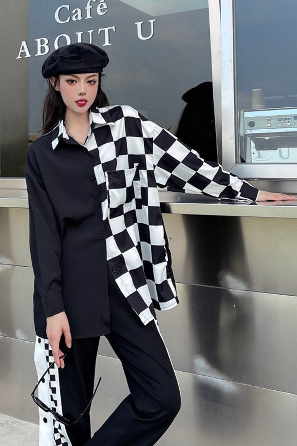 Long Sleeve Hip Hop Half Plaid Blouse Shirt