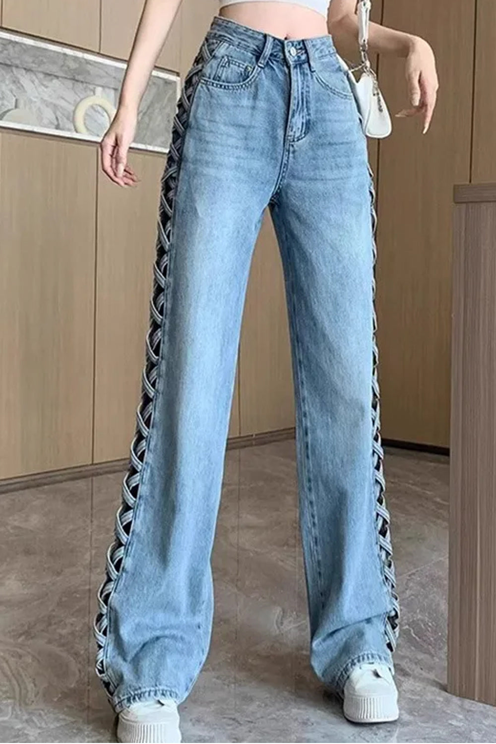 High Waist Side Cross Hollow Out Jeans Pants