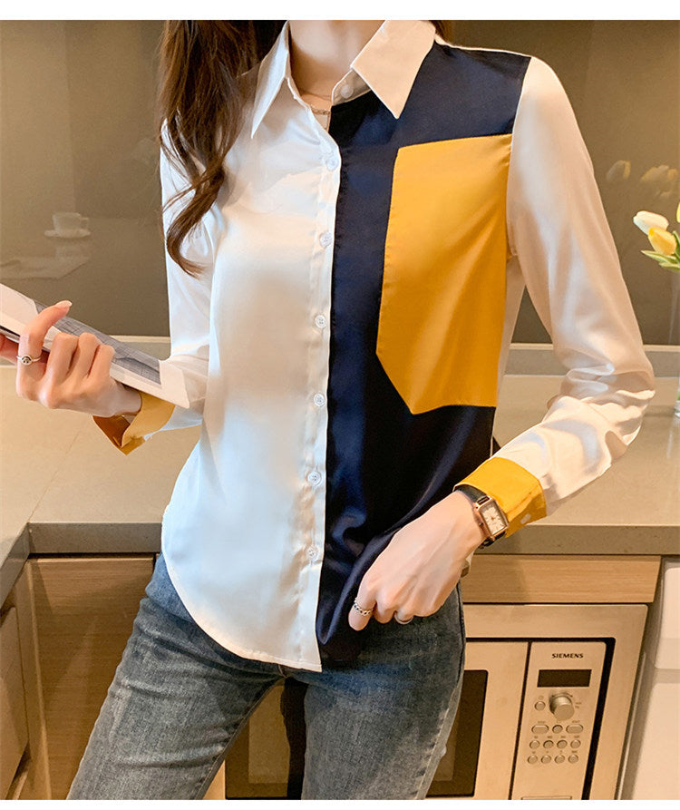 Half Color Block Satin Long Sleeve Blouse Shirt