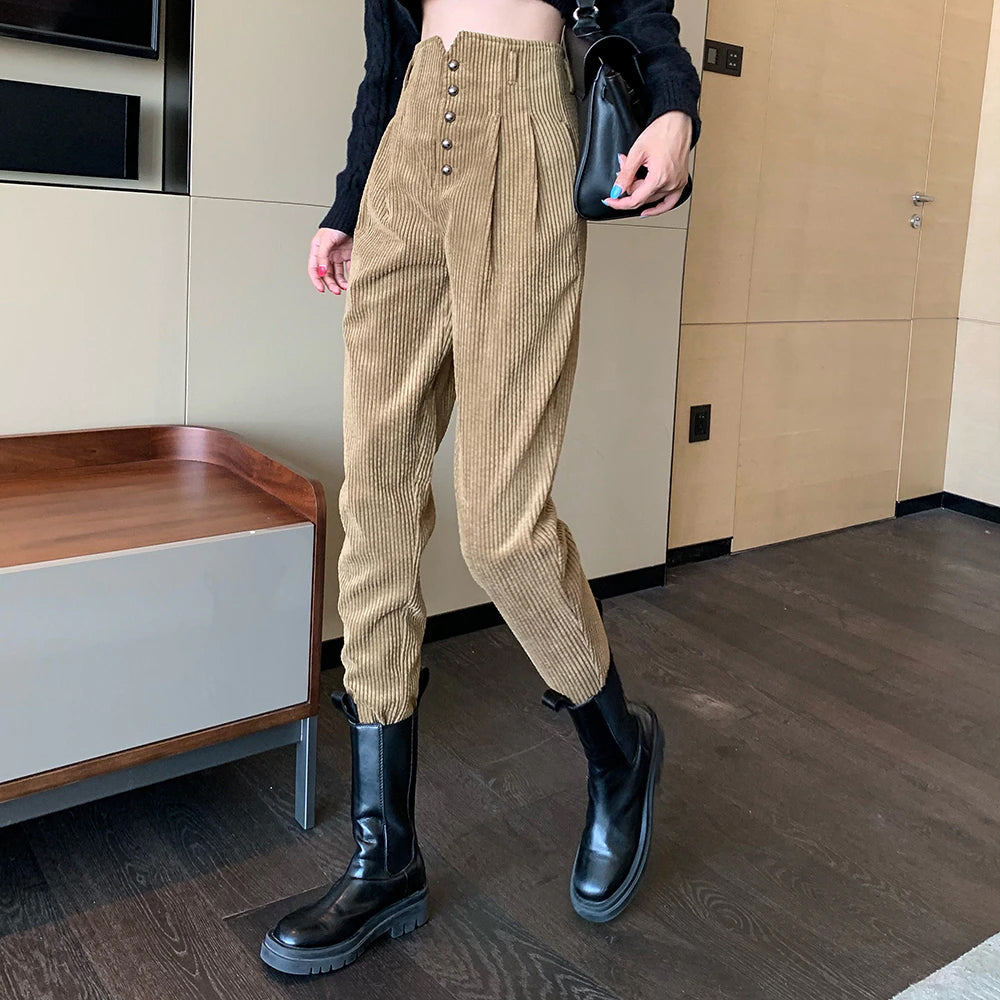 High Waist Vintage Slim Long Corduroy Pants