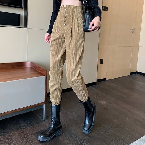 High Waist Vintage Slim Long Corduroy Pants