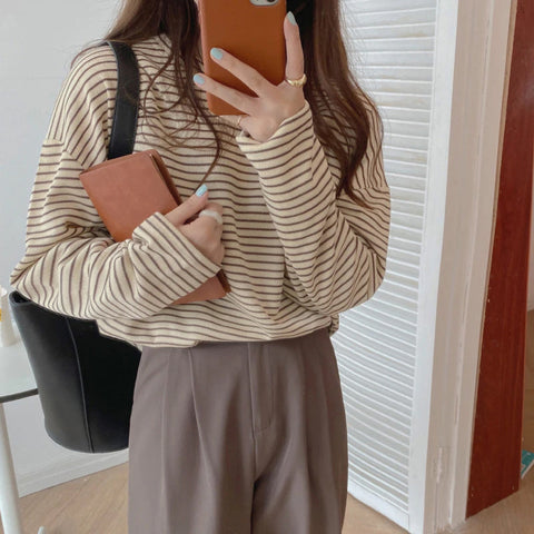 Coffee Color Striped Retro Sweater