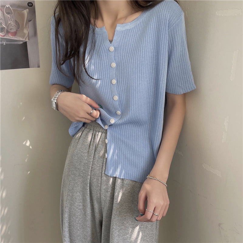Short Sleeve Candy Colors Button Knitted Shirt