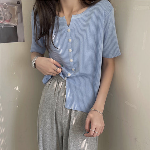 Short Sleeve Candy Colors Button Knitted Shirt