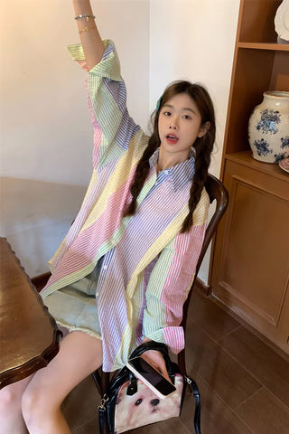 Long Sleeve Candy Colors Striped Blouse Shirt