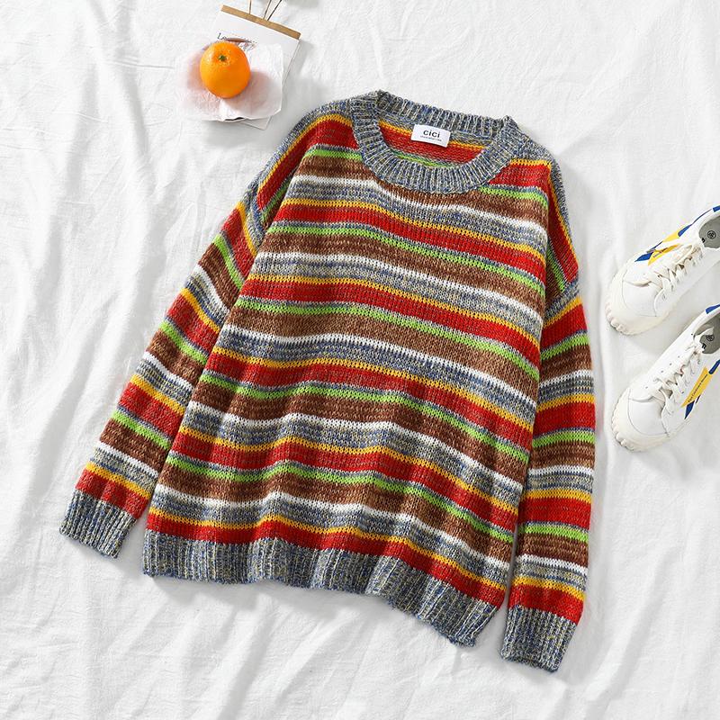 Vintage Regenbogen Gestreifter Strickpullover