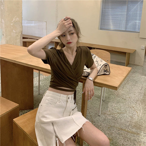 V-Neck Short Sleeve Strap Slim Crop Tops