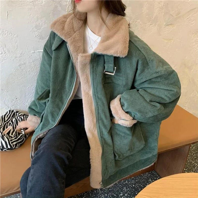 Loose Wool Thicken Zipper Corduroy Jacket