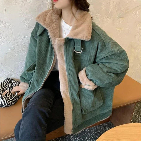 Loose Wool Thicken Zipper Corduroy Jacket