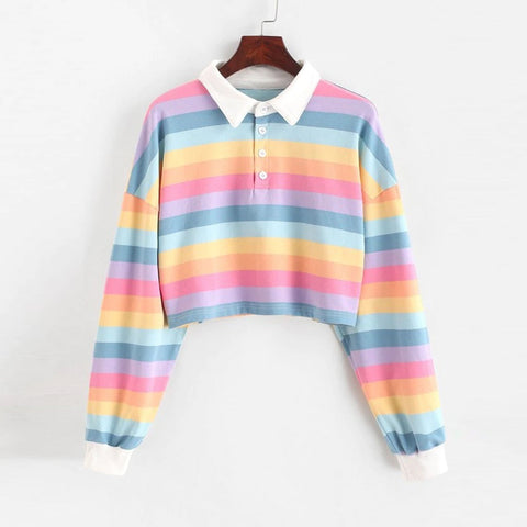 Rainbow Striped Long Sleeve Collar Cropped Shirt