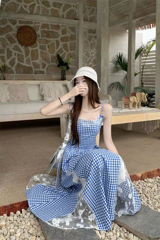 Sexy Elegant Lace Patchwork Plaid Long Dress