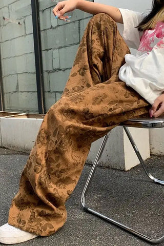 High Waist Flowers Pattern Corduroy Pants