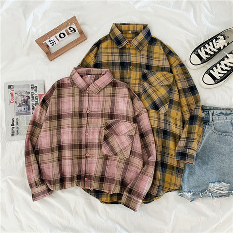 Long Sleeve Retro Colors Summer Plaid Blouse Shirt