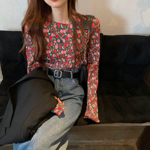 Langärmliges Basic-Chiffonhemd mit Retro-Blumenmuster 