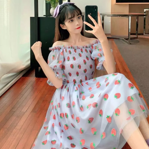 Strawberry Printed Elegant Chiffon Transparent Dress