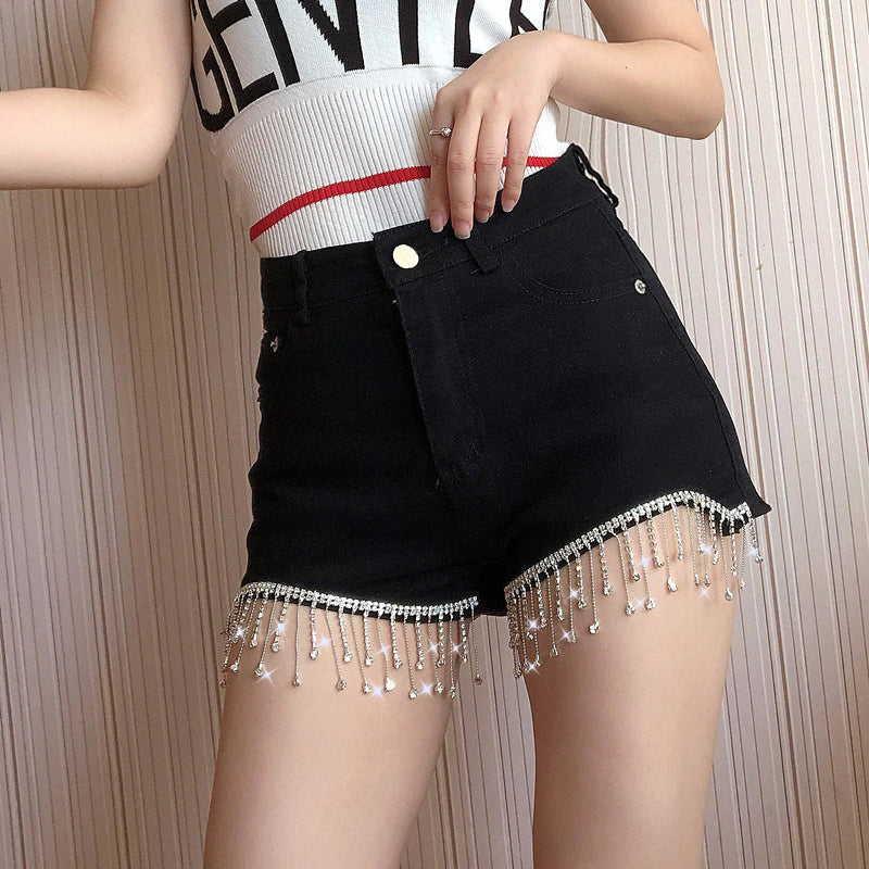 Beads Tassel Thin Denim Shorts Jeans