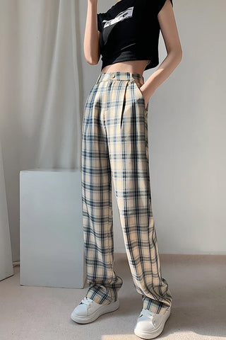 High Waist Plaid Elegant Long Pants