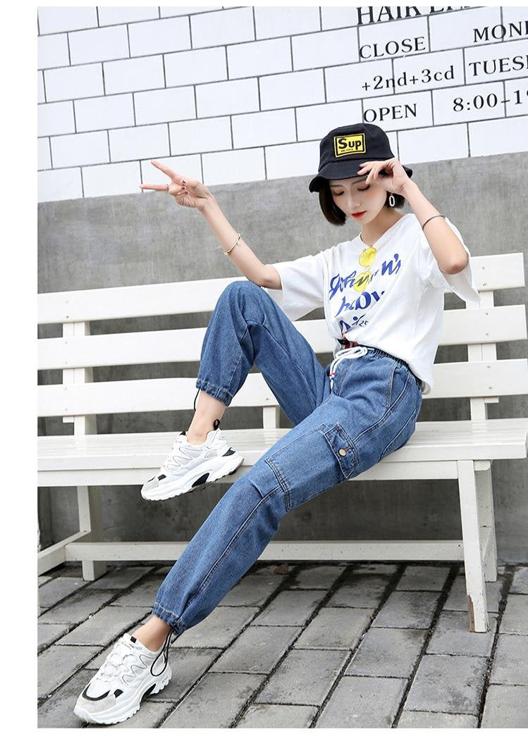 Pocket Denim Elastic Waist Harem Style Jeans