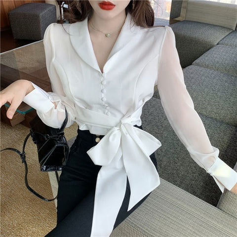 Long Sleeve Lapel Collar with Cute Bow Blouse Shirt