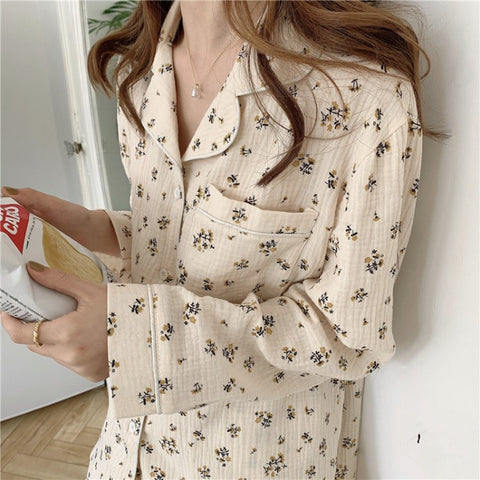 Florals Pattern Printed 2Pcs Pajamas Set