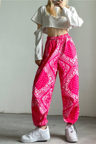 Pantalones deportivos holgados con estampado bohemio de cintura alta 