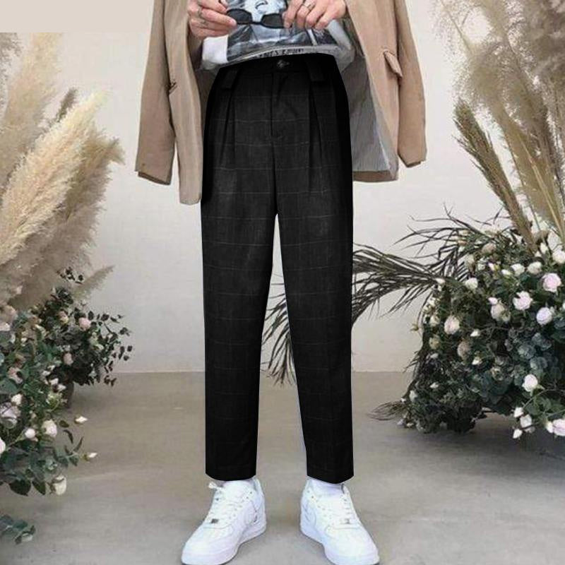 High Waist Casual Plaid Men Ankle Pants