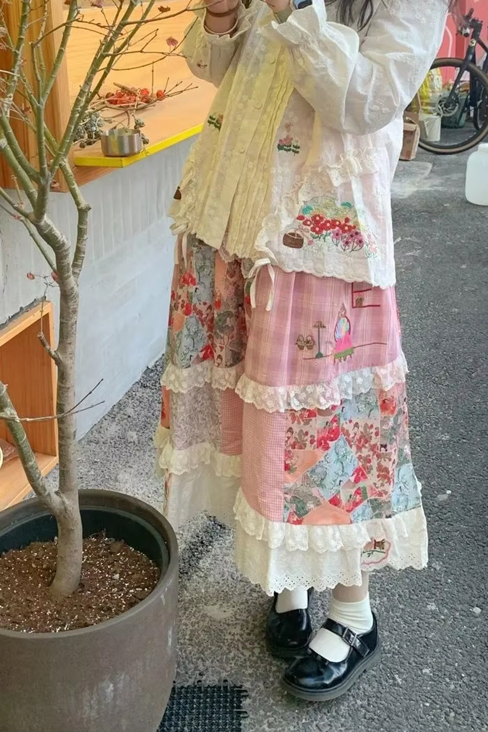 Loose A-Line Flowers Printed Lace Skirts
