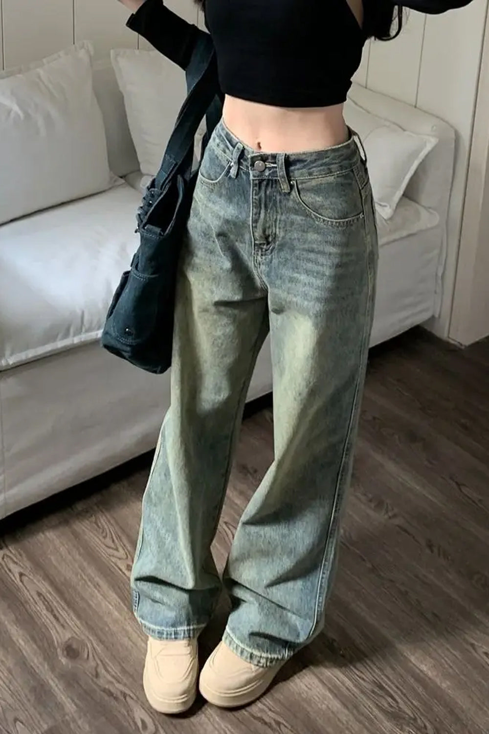 High Waist Vintage Washed Long Jeans Pants