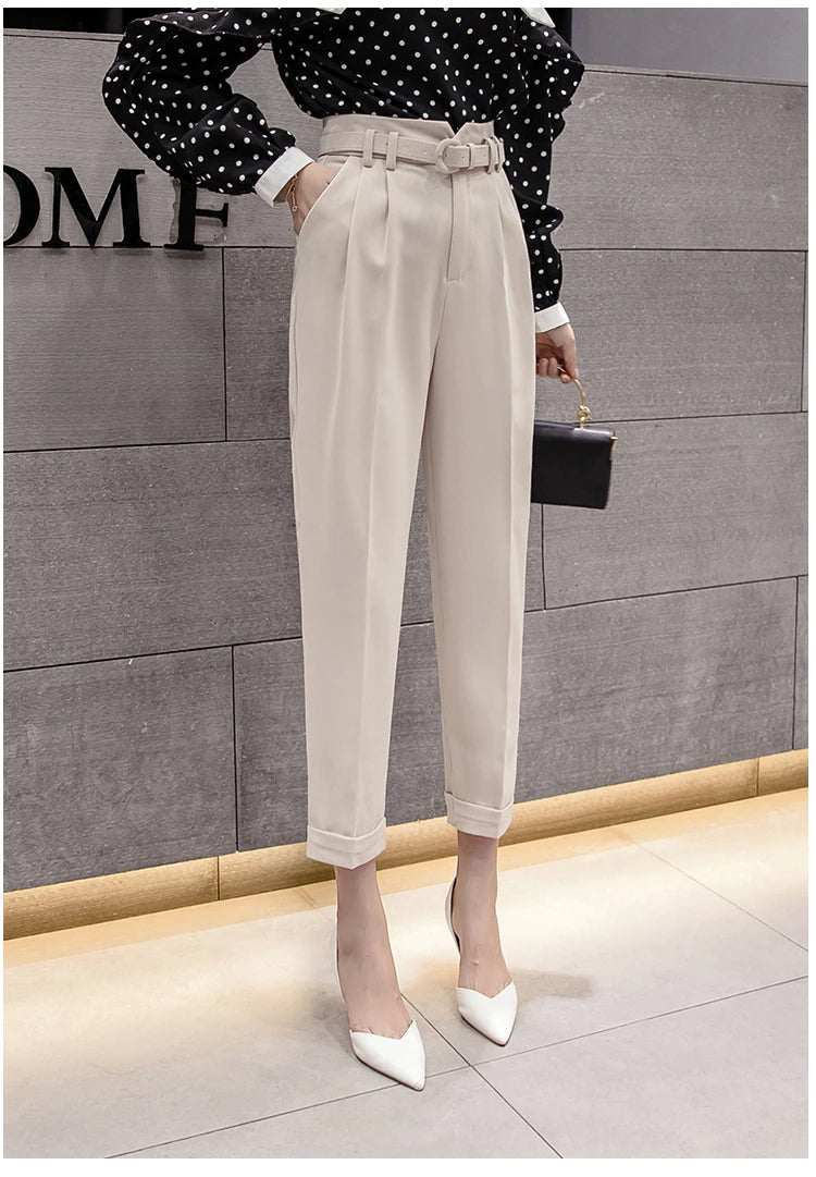 High Waist Ankle Length Elegant Office Pants with Belt