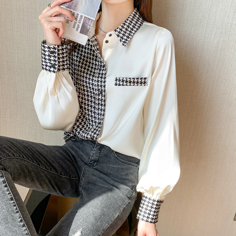Long Sleeve Houndstooth Satin Blouse Shirt