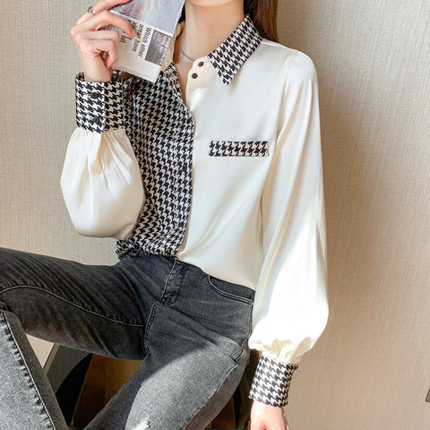 Long Sleeve Houndstooth Satin Blouse Shirt