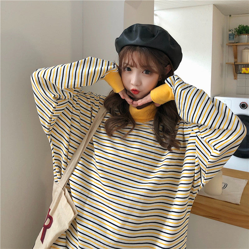 Yellow Turtleneck Loose Striped Sweater