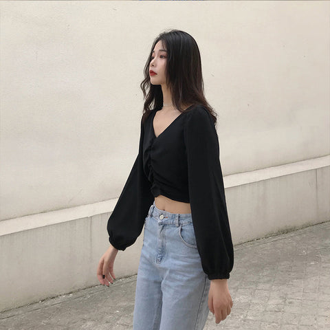 Sexy Elegant V-Neck Long Puff Sleeve Crop Tops