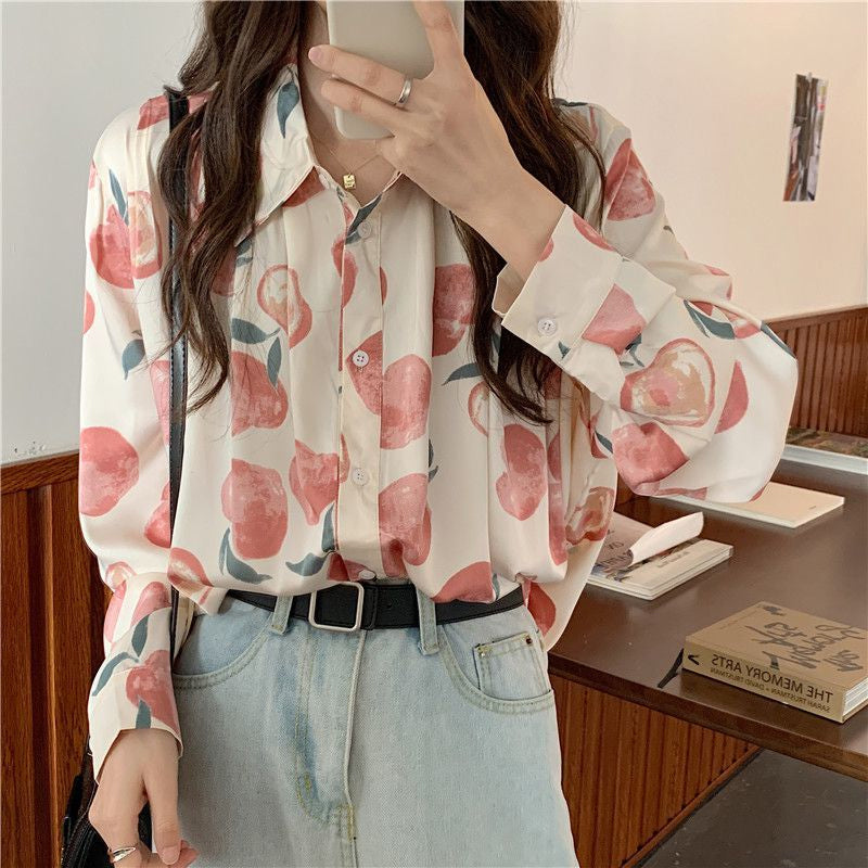 Long Sleeve Peach Full Printed Blouse Shirt