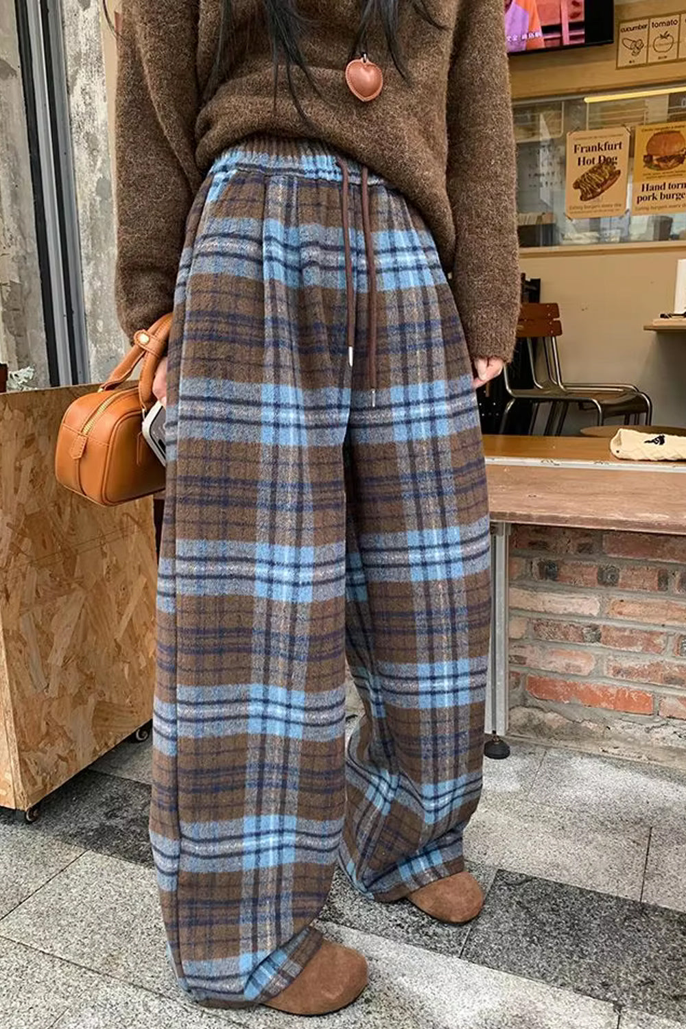 Loose Retro Blue Plaid Wide Leg Pants
