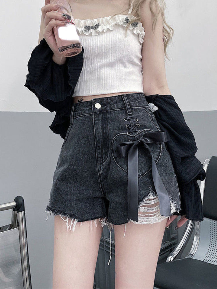 Cute Bow Extended Denim Shorts Jeans