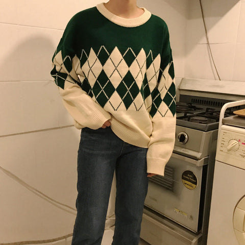 Vintage Rautenmuster Strickpullover