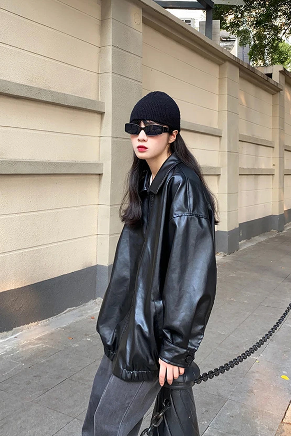 Loose Black Faux Leather Women Jackets